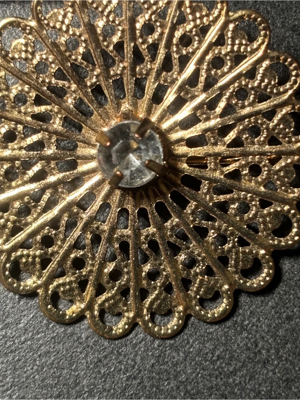 Unique Vintage Gold Filigree Floral Hair Pin with Rhinestone Center